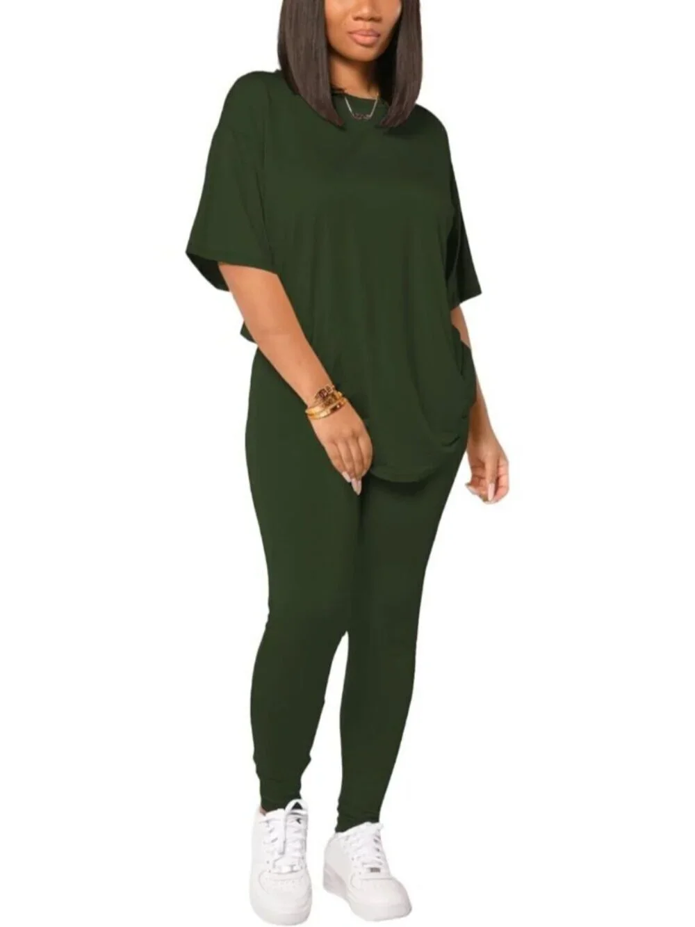 Women's Army Green 2 Piece Outfits Summer Sweatsuits Drop Shoulder Tracksuits
